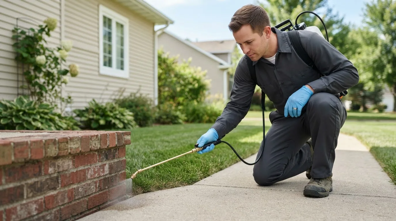 Pest control technician treating a home near Delmar, IA
