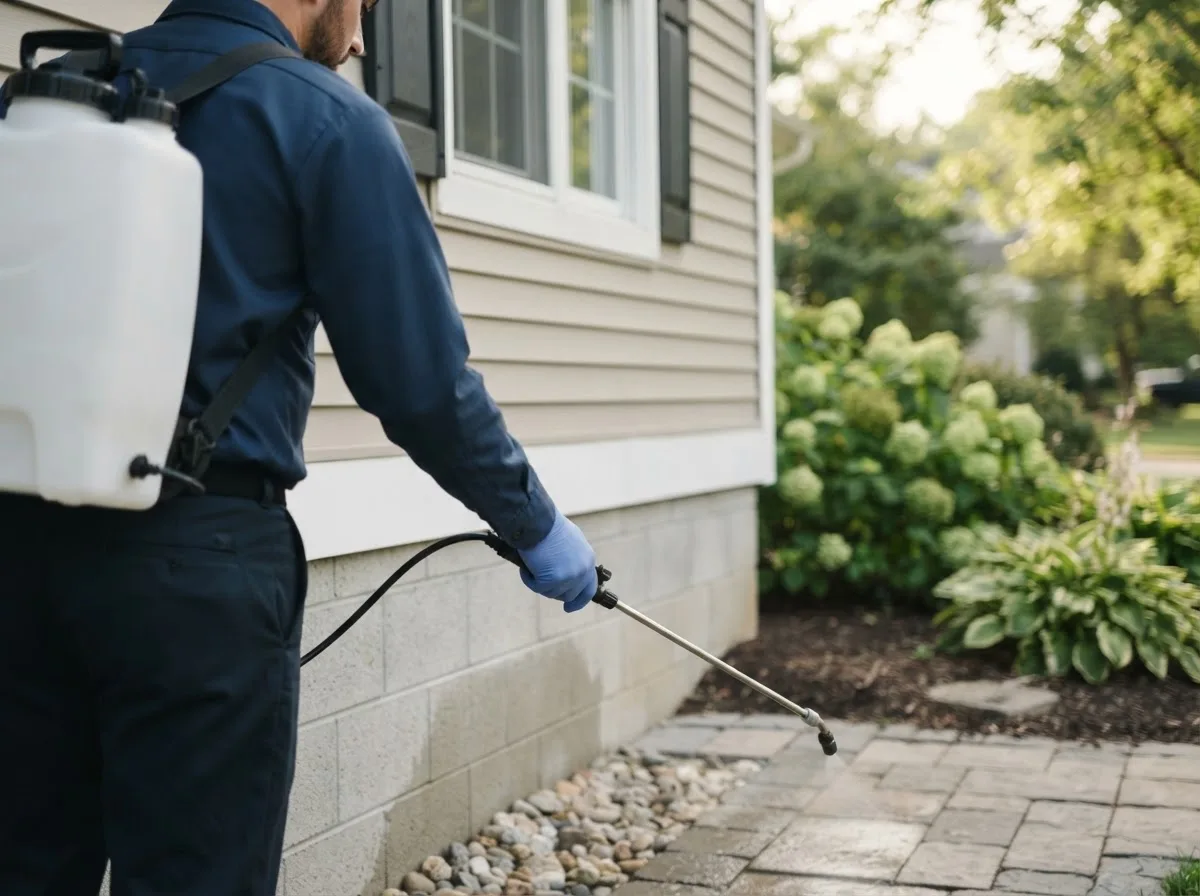 Pest control technician inspecting a home in Delmar, IA
